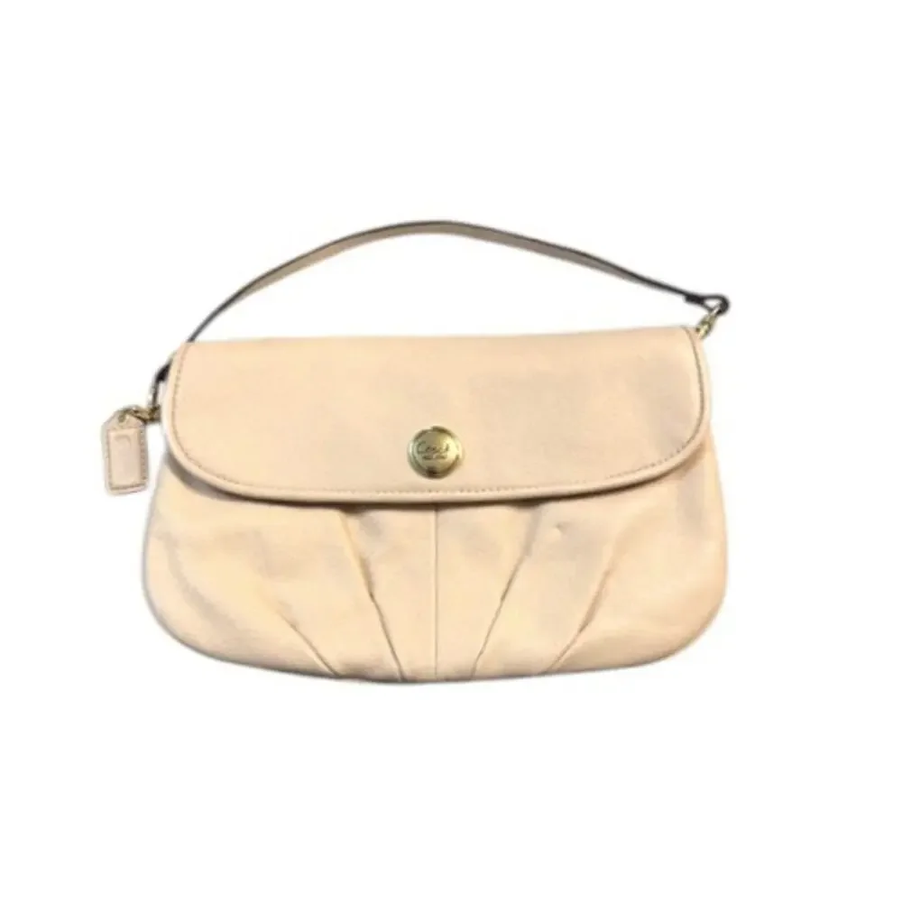Coach Leather Wristlet Clutch Beige Cream Pleated Small Bag Gold Snap Purse